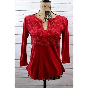 Lucky brand red Beaded top 3/4 Sleeve XS